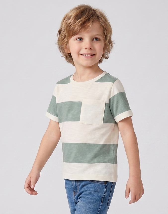 Boy wearing sage green striped short sleeve pocket tee - Alice Apparel
