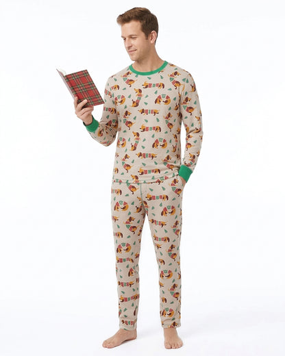 Man wearing cartoon print long sleeve pajama set