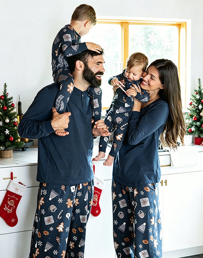 Family in matching gingerbread print holiday pajamas at Christmas tree - Alice Apparel