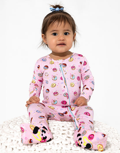 Baby wearing bamboo viscose pink donut print zip sleepsuit - Alice Apparel
