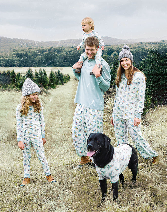 Family outdoor lifestyle matching tree print pajamas with dog - Alice Apparel