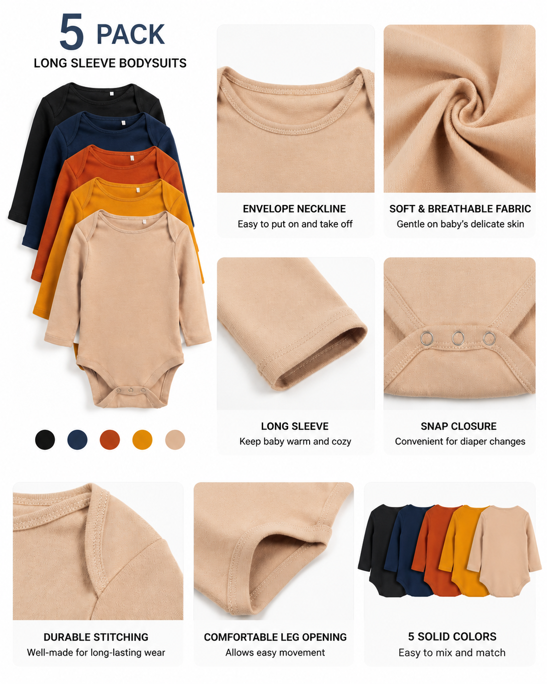 Five-pack baby bodysuit set showing envelope neckline crotch snaps and earth-tone colors