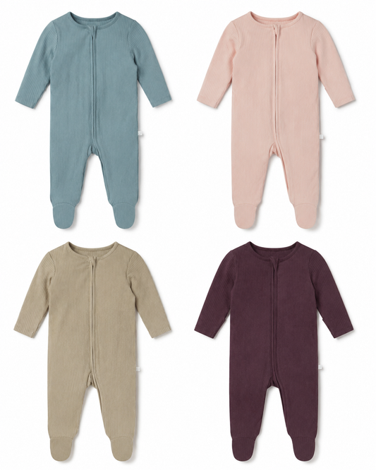 4‑color set ribbed baby footed rompers, dusty blue, blush pink, khaki, plum purple neutral baby sleep suit flat lay on white background