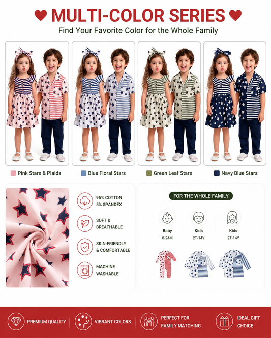 Multicolor sibling matching outfit options featuring coordinating boys shirts and girls dresses