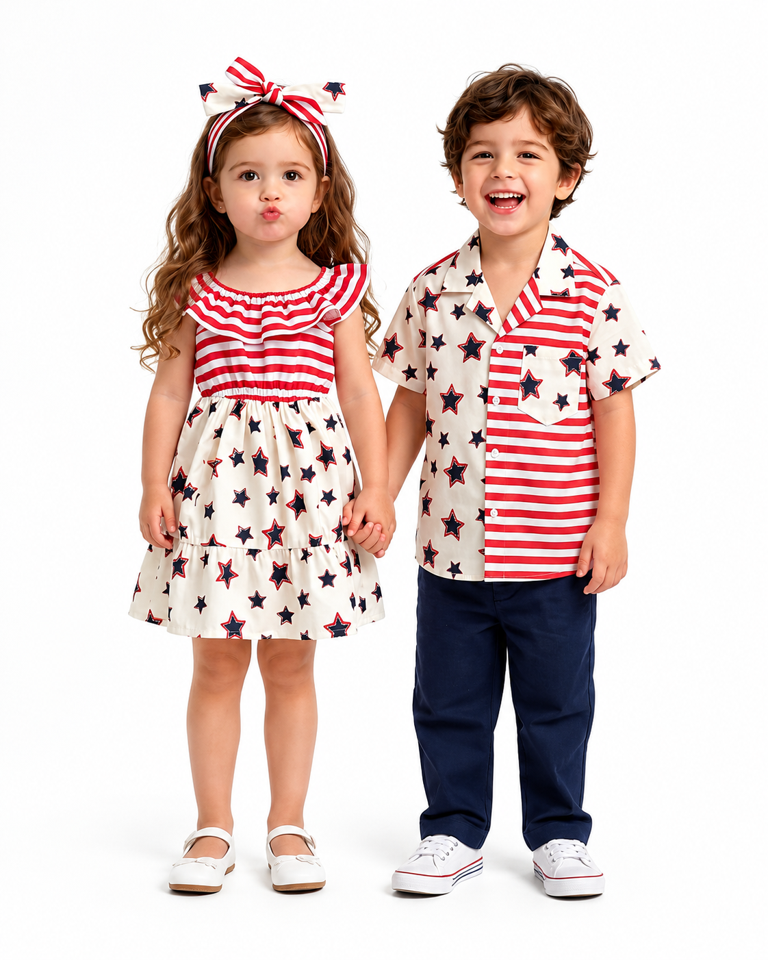 Brother and sister wearing matching star stripe outfits with a girls dress and boys camp collar shirt