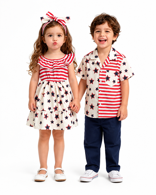 Brother and sister wearing matching star stripe outfits with a girls dress and boys camp collar shirt