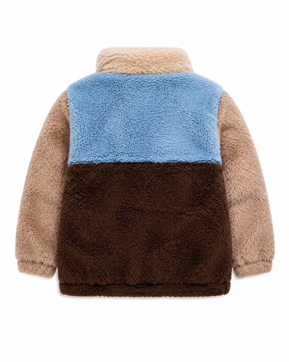 Back view of a beige blue and brown color block kids sherpa fleece jacket