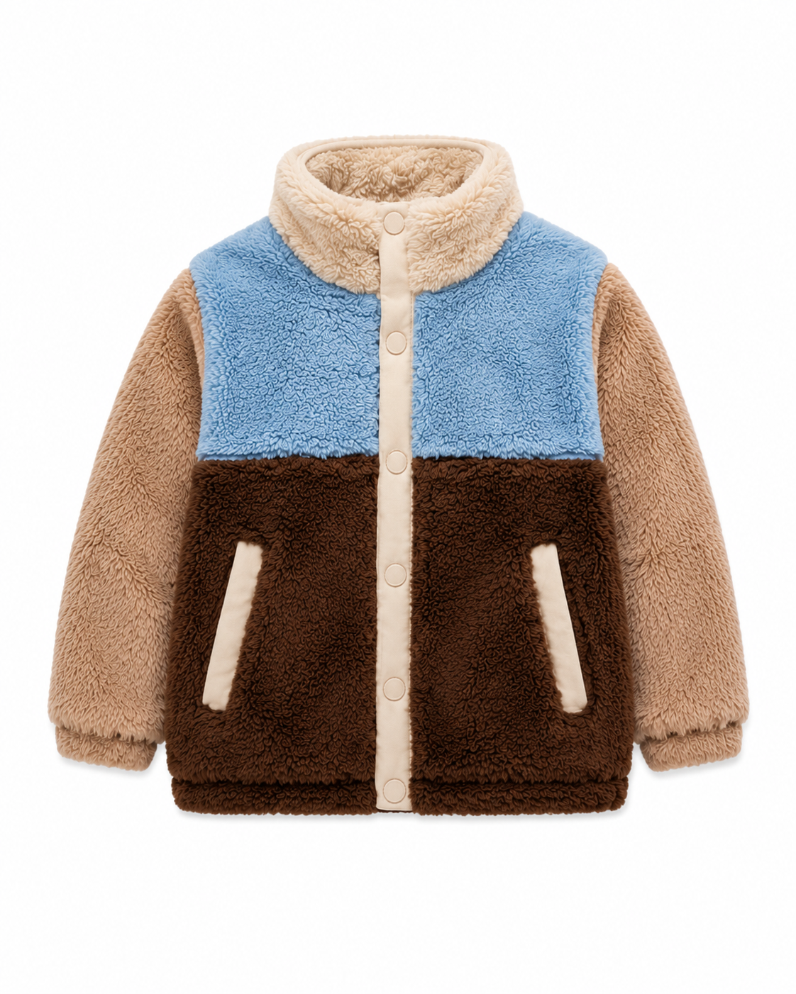 Kids color block sherpa fleece jacket with stand collar, snap buttons and side pockets