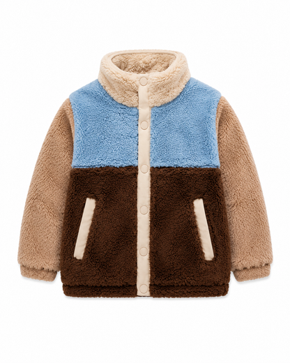Kids color block sherpa fleece jacket with stand collar, snap buttons and side pockets