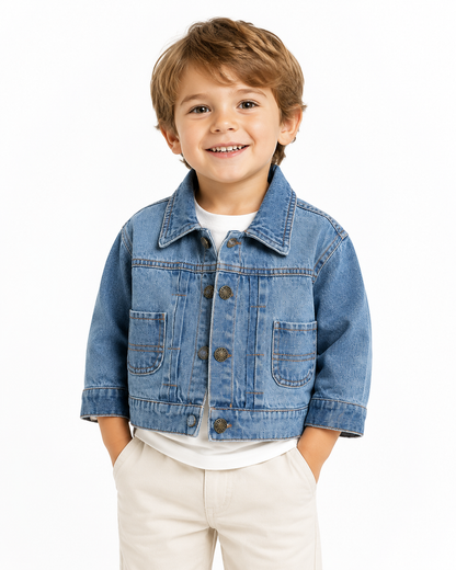Blue washed baby denim jacket with front buttons and two patch pockets