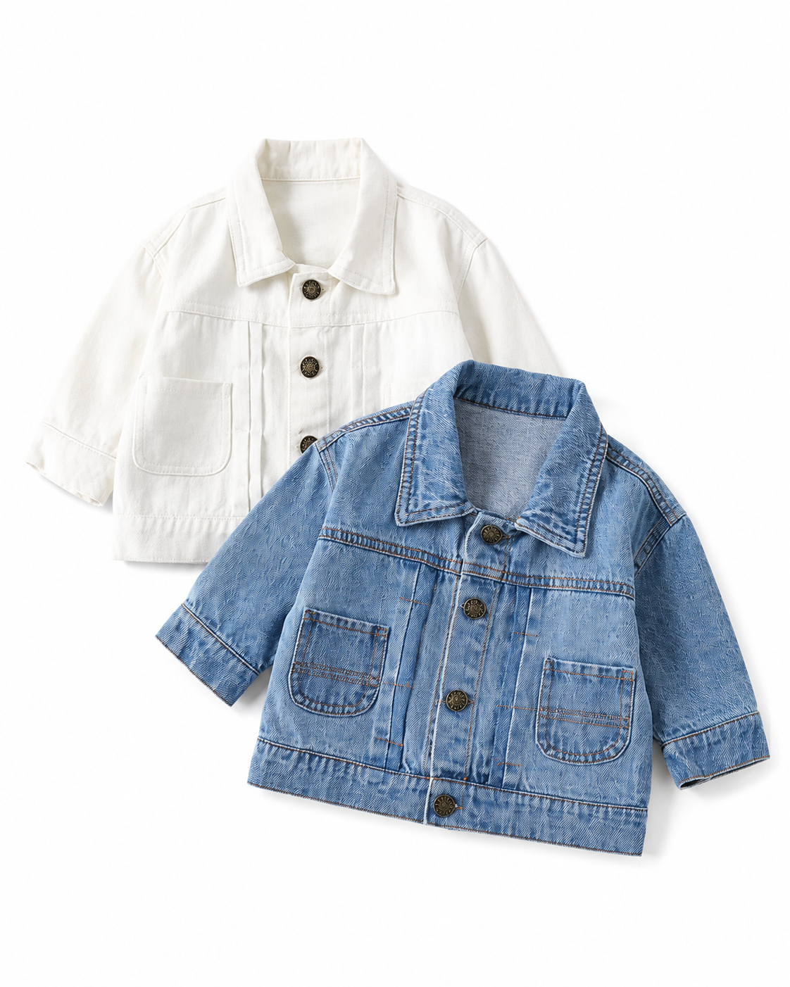 Baby blue denim jacket styled with a white shirt and casual childrenswear accessories
