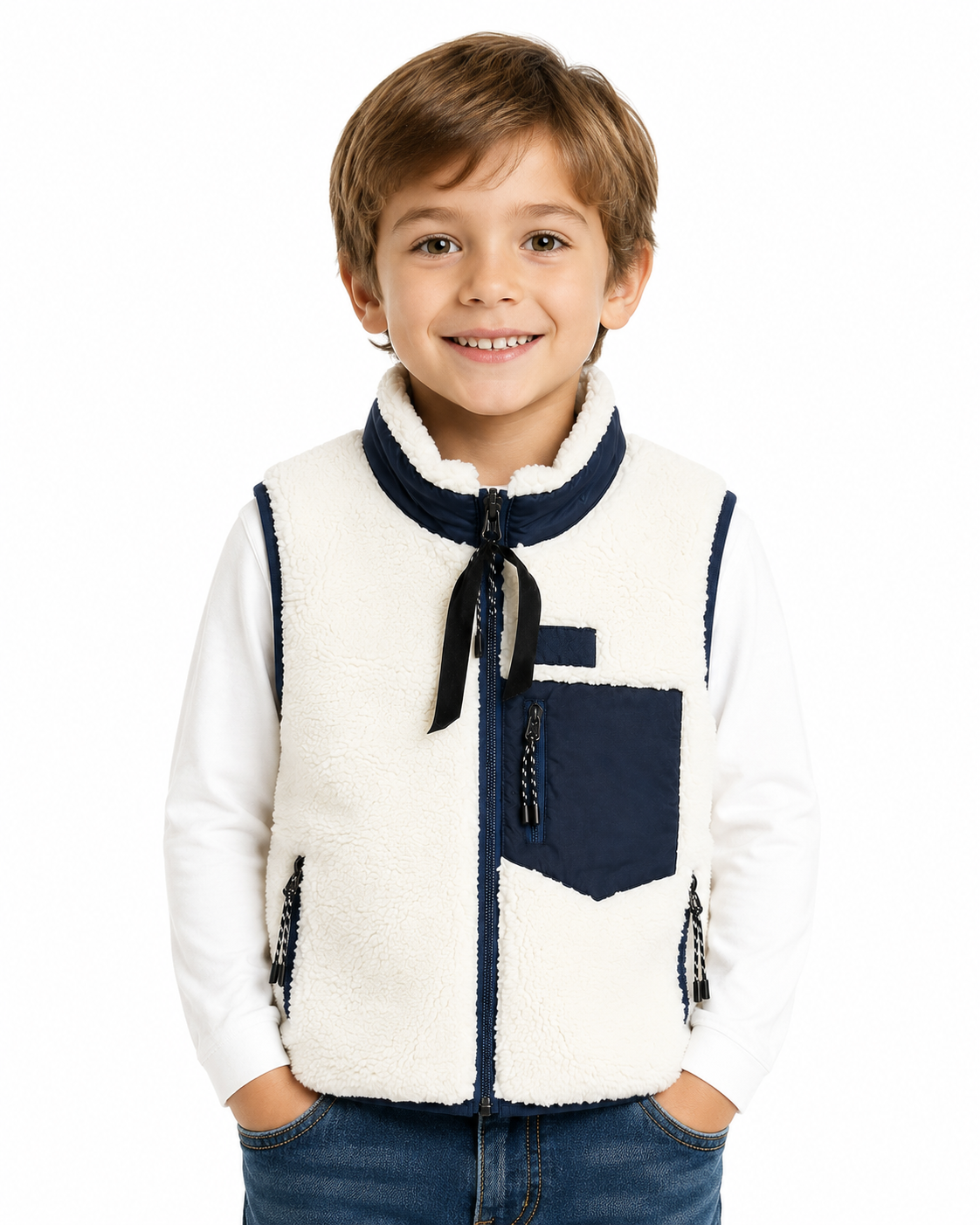 Cream navy sherpa fleece vest for boys