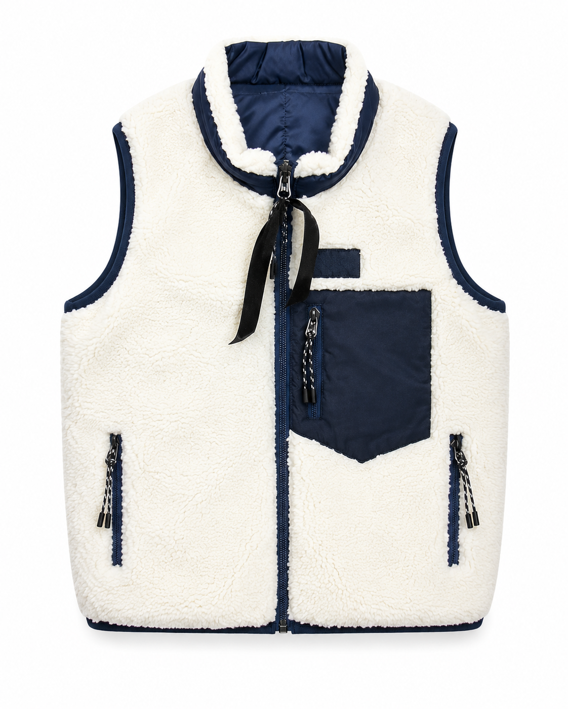 Cream baby teddy fleece vest with navy trim, chest pocket and zippered side pockets