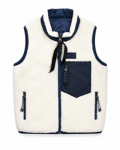 Cream baby teddy fleece vest with navy trim, chest pocket and zippered side pockets