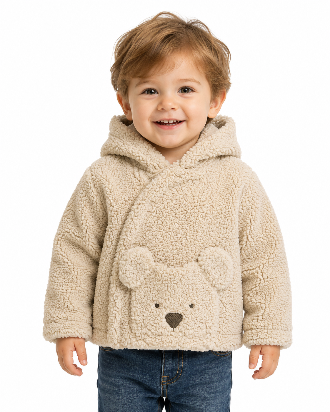 Beige sherpa fleece hooded jacket toddler bear pocket coat