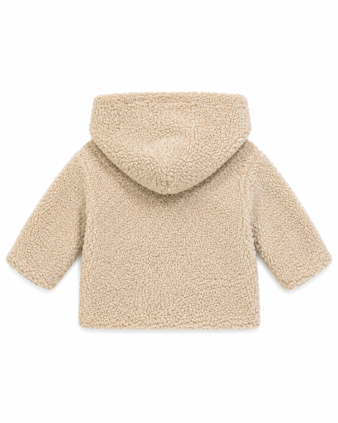 Back view of a beige baby teddy fleece coat with attached hood