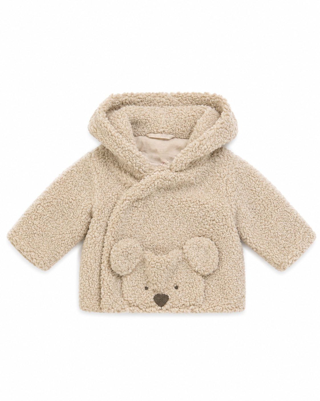 Beige baby hooded teddy fleece winter coat with bear-shaped front pocket