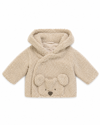Beige baby hooded teddy fleece winter coat with bear-shaped front pocket