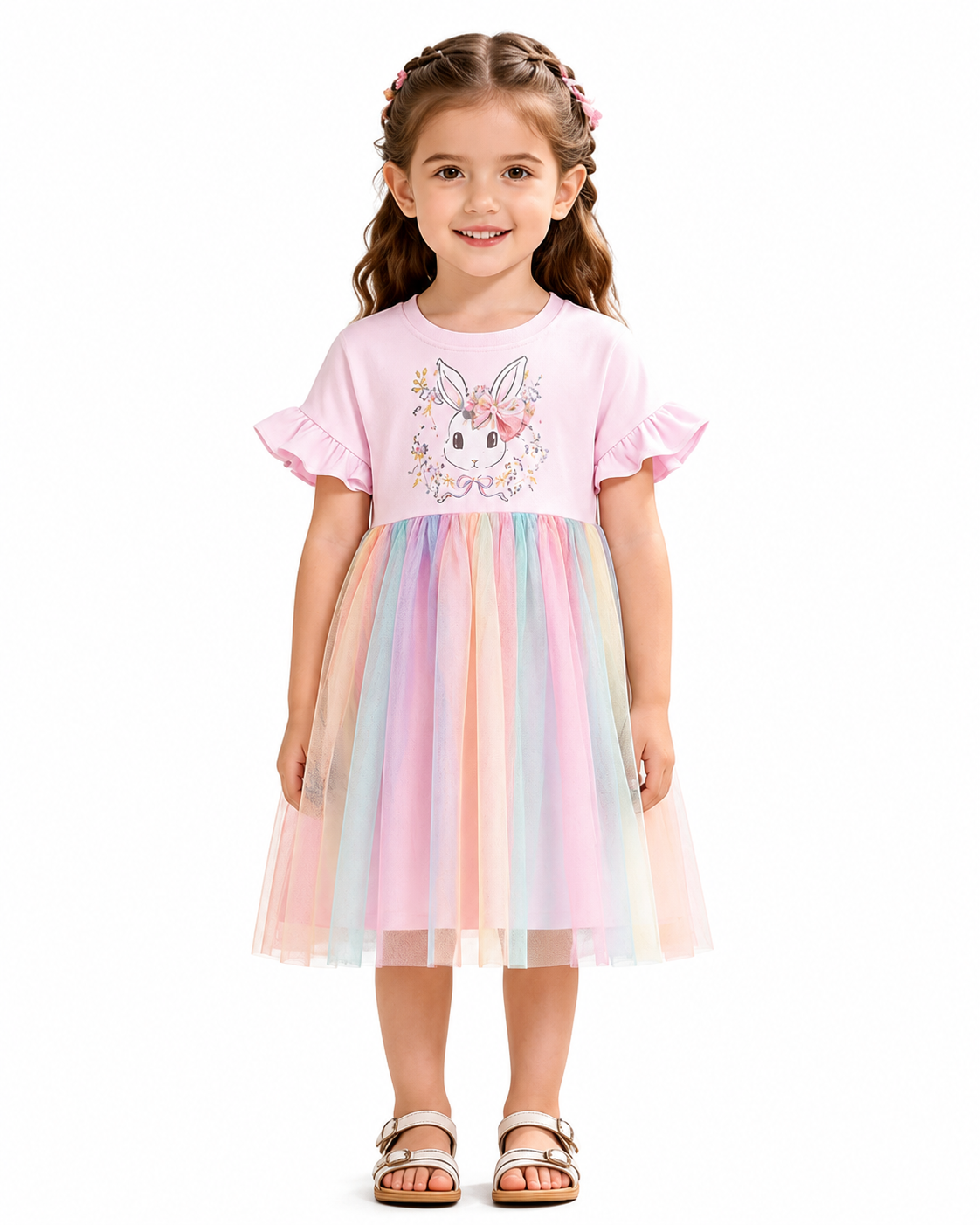 Girl wearing a pink bunny print party dress with a pastel rainbow tulle skirt