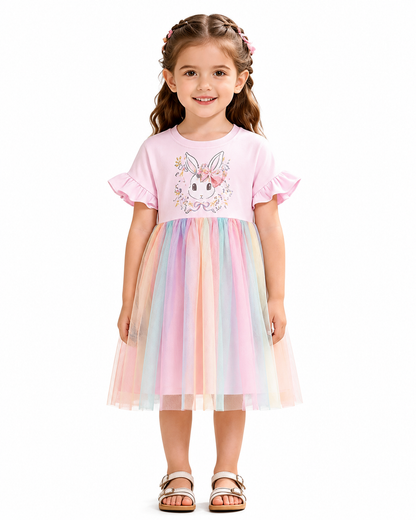 Girl wearing a pink bunny print party dress with a pastel rainbow tulle skirt