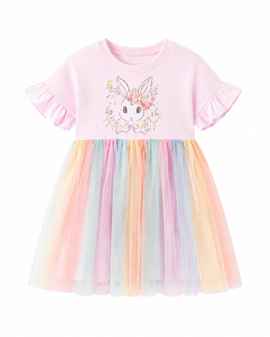 Girls pink bunny print dress with ruffle sleeves and pastel rainbow tulle skirt