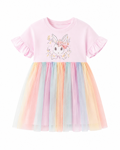Girls pink bunny print dress with ruffle sleeves and pastel rainbow tulle skirt