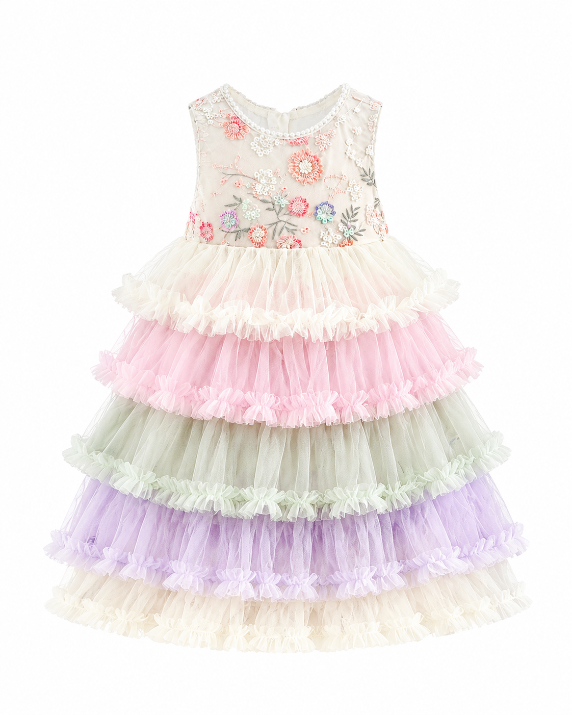 Girls pastel tiered tulle party dress with floral bodice and multicolor ruffles