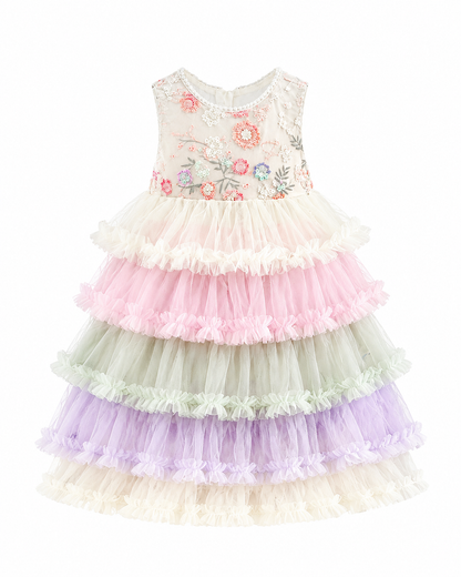 Girls pastel tiered tulle party dress with floral bodice and multicolor ruffles