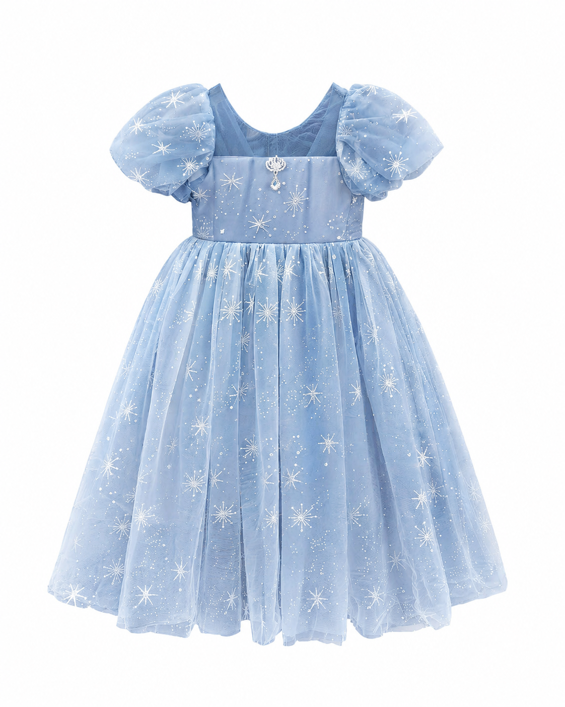 Blue girls snowflake tulle party dress with puff sleeves and layered skirt