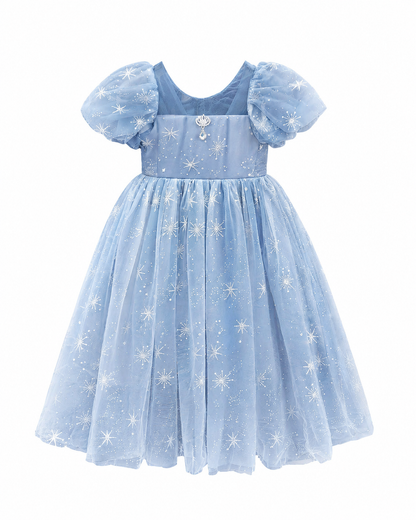 Blue girls snowflake tulle party dress with puff sleeves and layered skirt