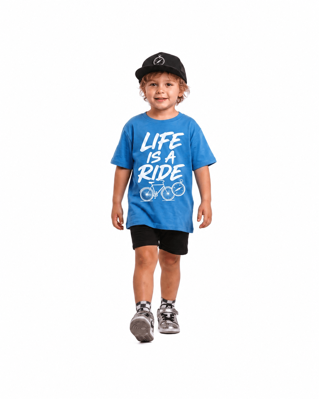 Boy wearing blue Life Is a Ride bicycle graphic T-shirt