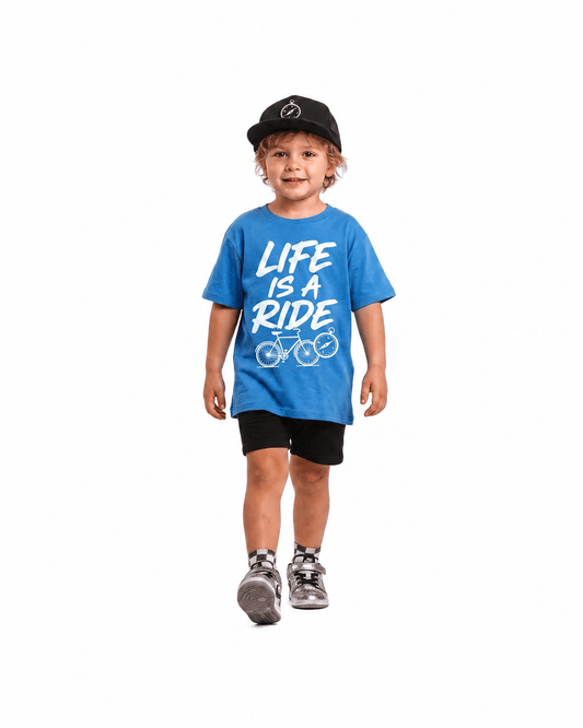 Boy wearing blue Life Is a Ride bicycle graphic T-shirt