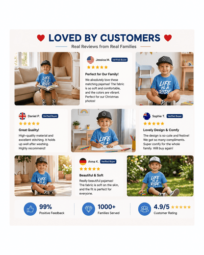 Customer review collage featuring boys blue bicycle graphic T-shirt