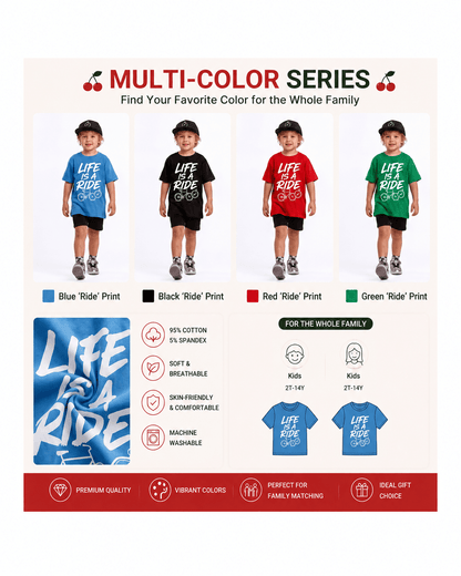 Boys bicycle graphic T-shirts in blue, black, red, and green