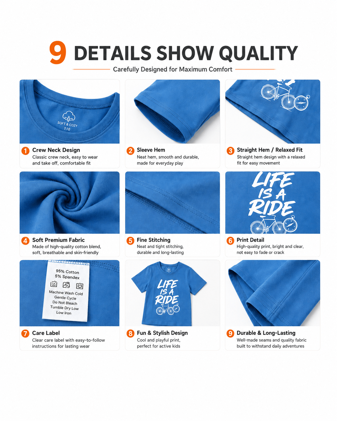 Crew neck, sleeve, print, stitching, and construction details of boys graphic T-shirt