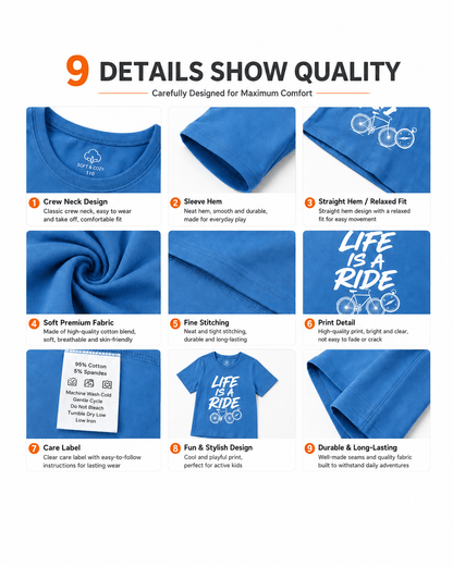 Crew neck, sleeve, print, stitching, and construction details of boys graphic T-shirt