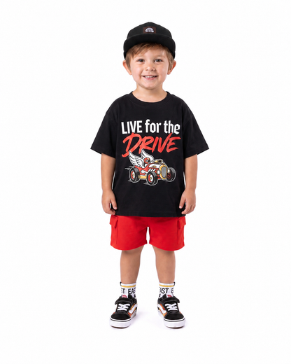 Boy wearing black Live for the Drive racing car graphic T-shirt