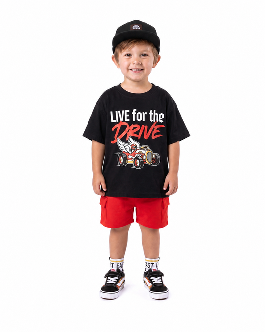 Boy wearing black Live for the Drive racing car graphic T-shirt