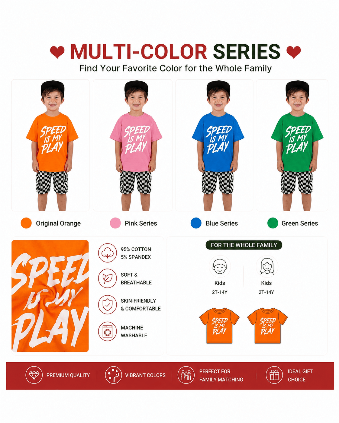 Boys Speed Is My Play graphic T-shirts shown in orange, pink, blue, and green