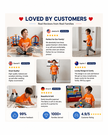 Customer review collage featuring boys orange graphic T-shirt