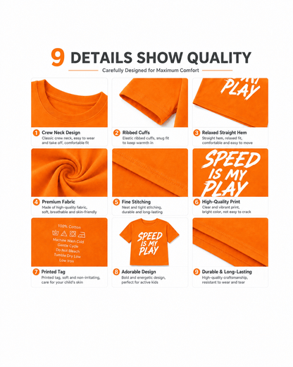 Crew neck, sleeve, print, stitching, and construction details of boys graphic T-shirt