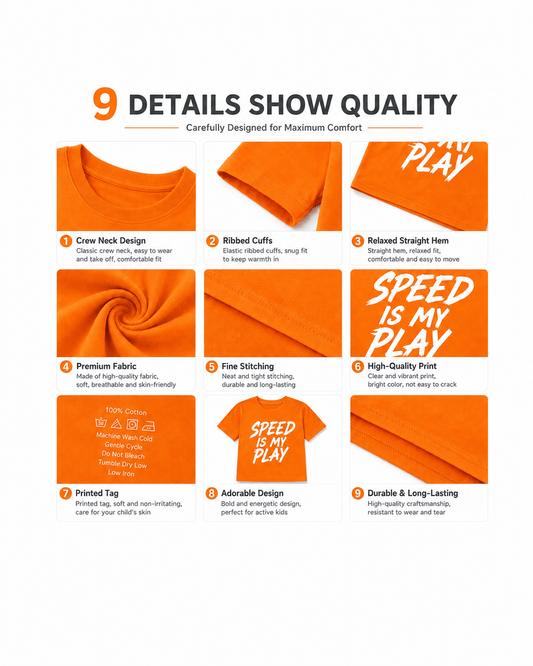 Crew neck, sleeve, print, stitching, and construction details of boys graphic T-shirt