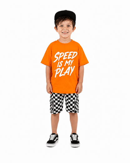Boy wearing orange Speed Is My Play graphic T-shirt