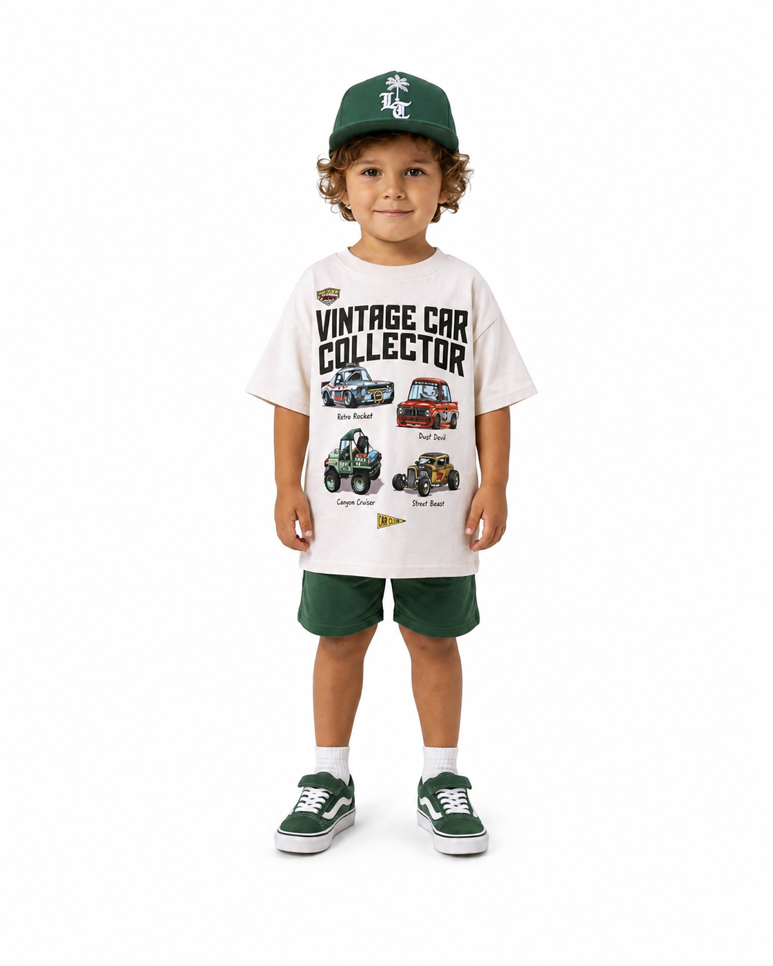Boy wearing off-white Vintage Car Collector graphic T-shirt