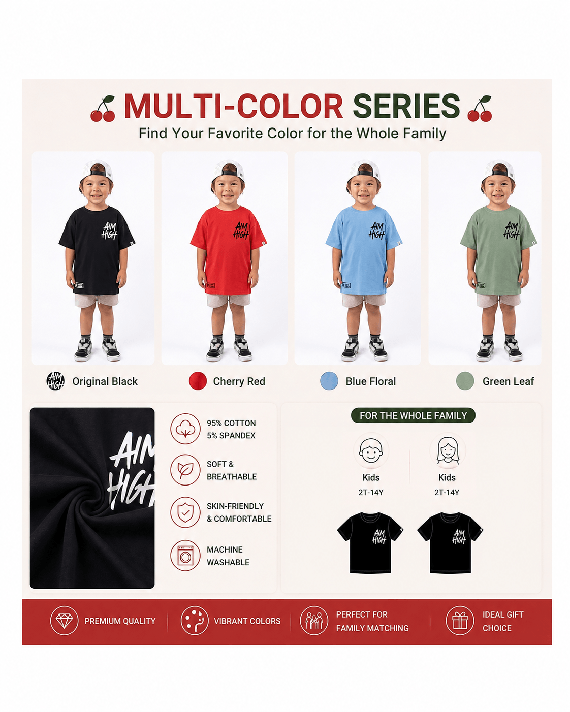 Boys Aim High graphic T-shirts shown in black, red, light blue, and sage green