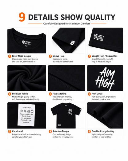 Crew neck, sleeve, print, stitching, and construction details of boys Aim High T-shirt