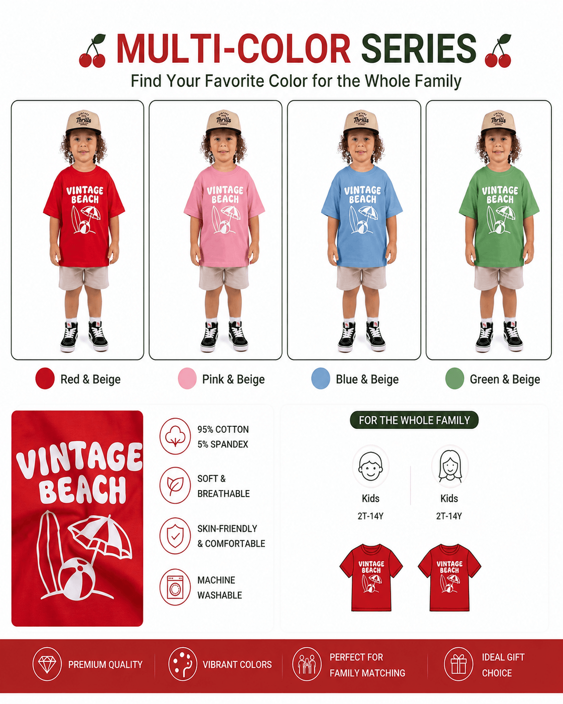 Boys Vintage Beach graphic T-shirts shown in red, pink, light blue, and green