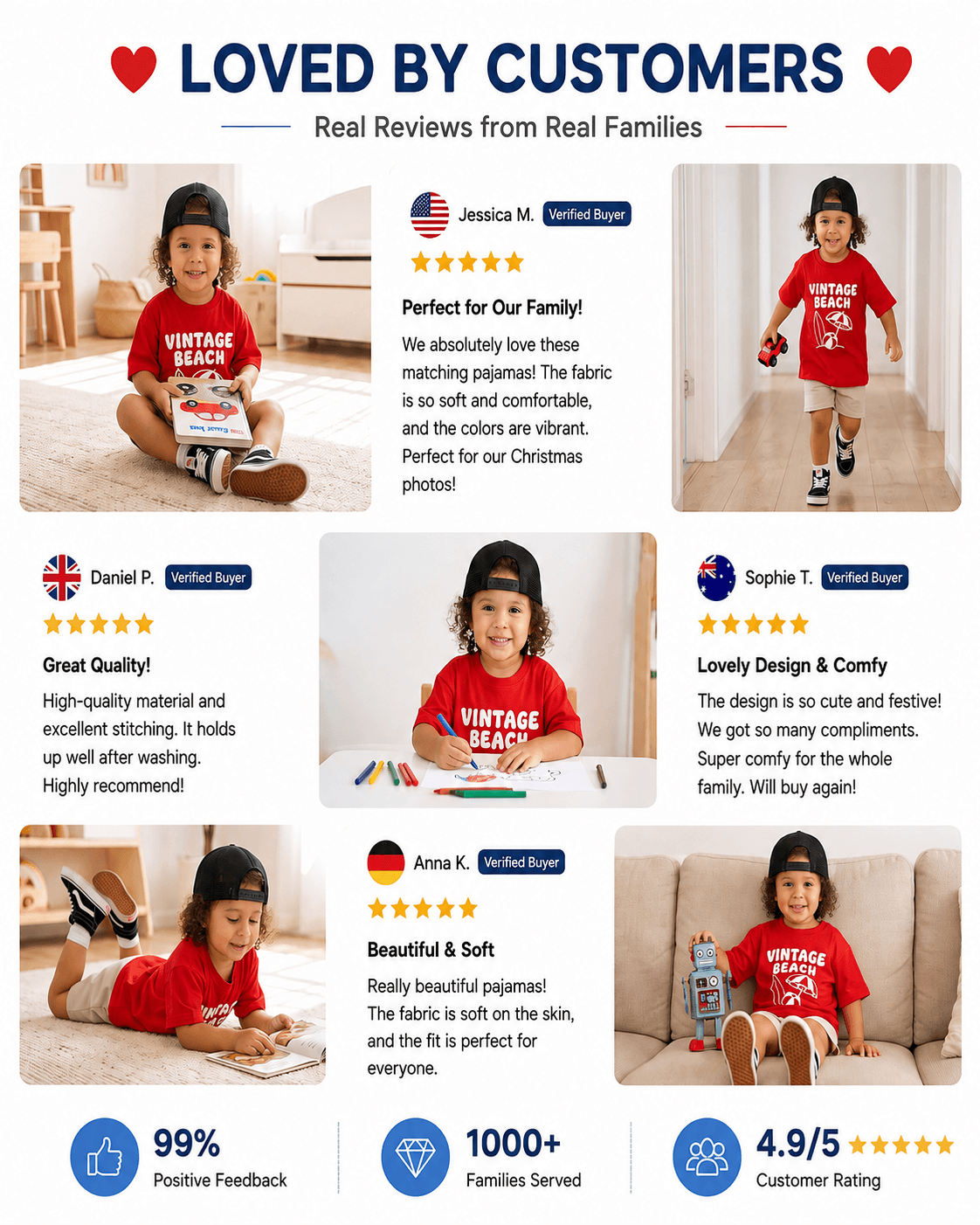 Customer review collage featuring boys red Vintage Beach graphic T-shirt