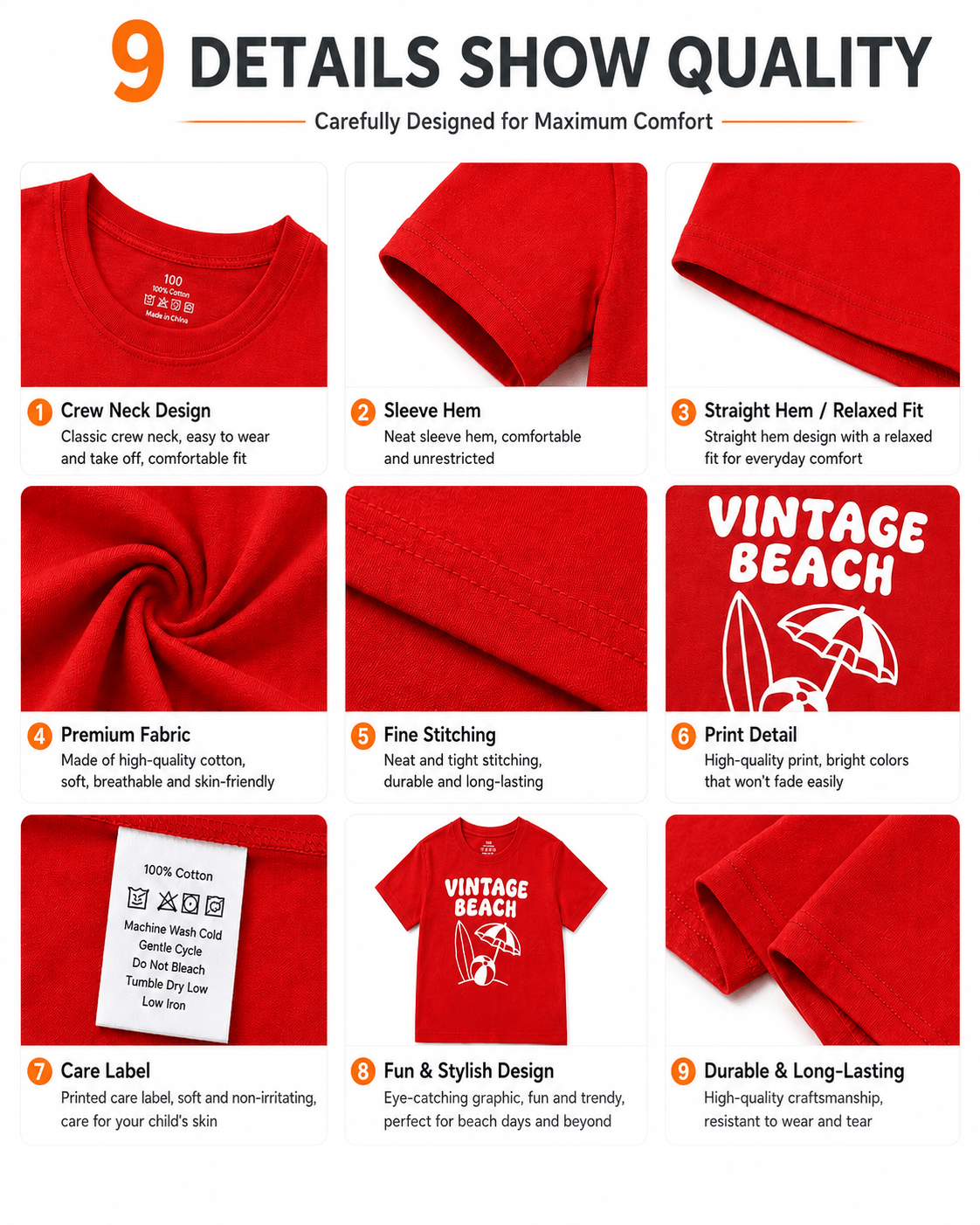 Crew neck, sleeve, print, stitching, and construction details of boys Vintage Beach T-shirt