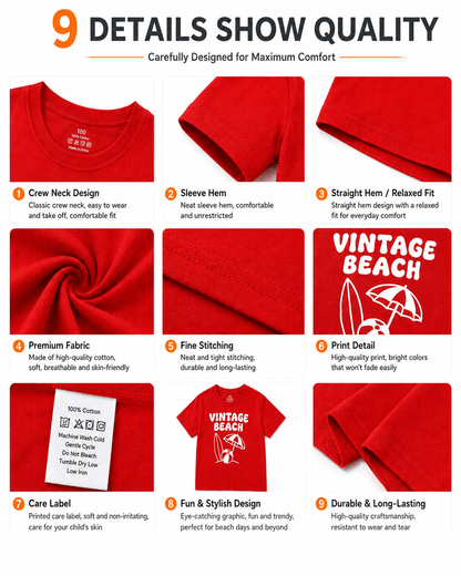 Crew neck, sleeve, print, stitching, and construction details of boys Vintage Beach T-shirt
